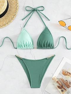 Women Smocked Bikini Set Triangle Halter Tie Side String Two Piece Swimsuit for Beach Pool Vacation