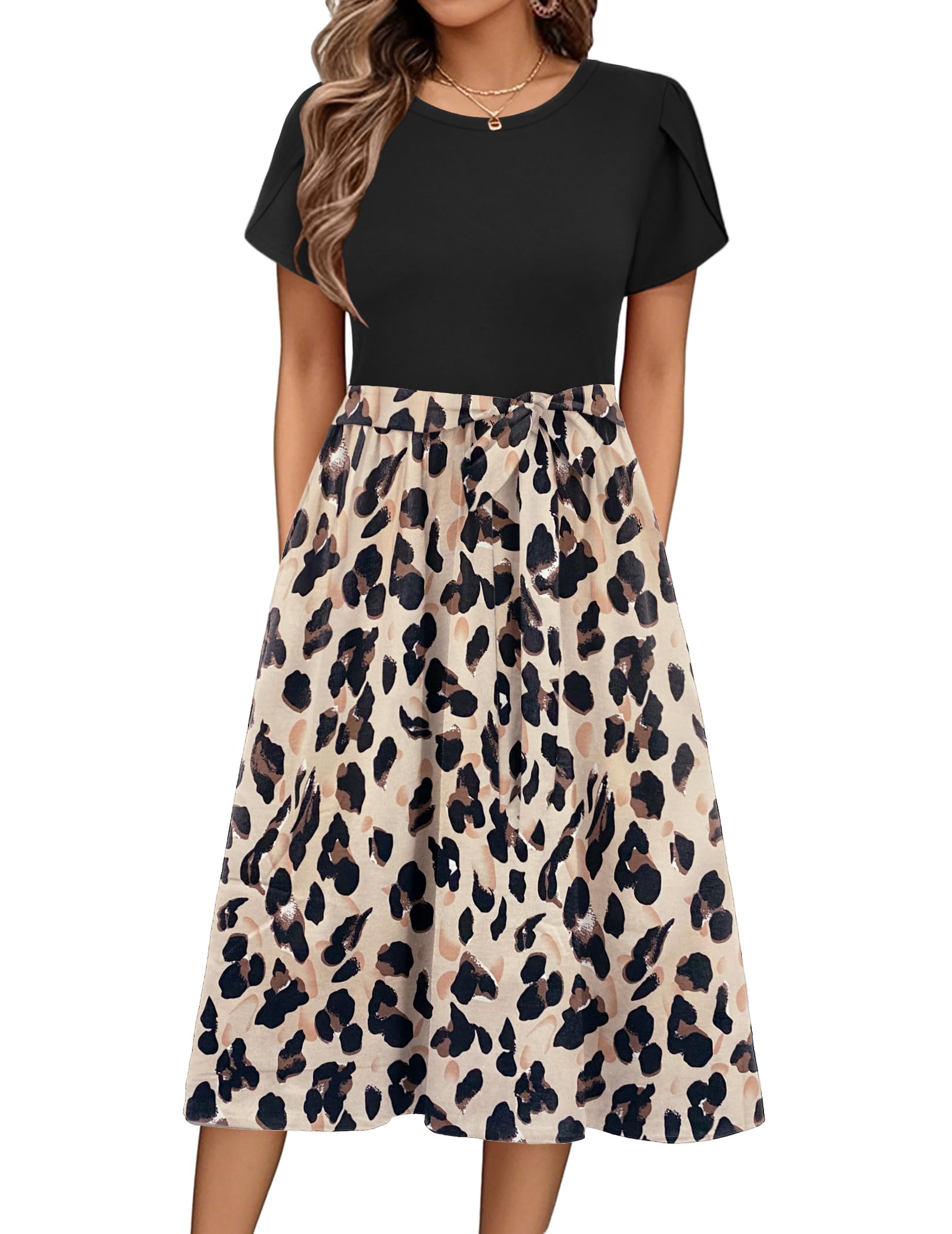 Zeagoo Summer Dress for Women Short Sleeves Dresses Round Midi