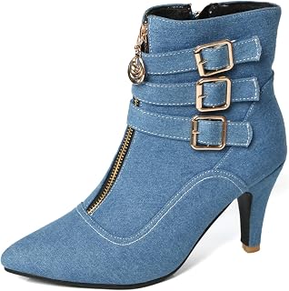 MEOTINA Oro Tacchi Alti per le Donne Tacco Gattino Punta Punta Corta Stivaletti Da Donna Fibbia Tacco Alto Caviglia Metallica Scarpe, Blu a punta, 34 EU