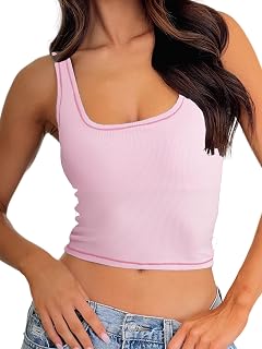 Danysu Women Rib Tank Top Padded Workout Top Square Neck Crop Tank Fitted Basic Cami Tops
