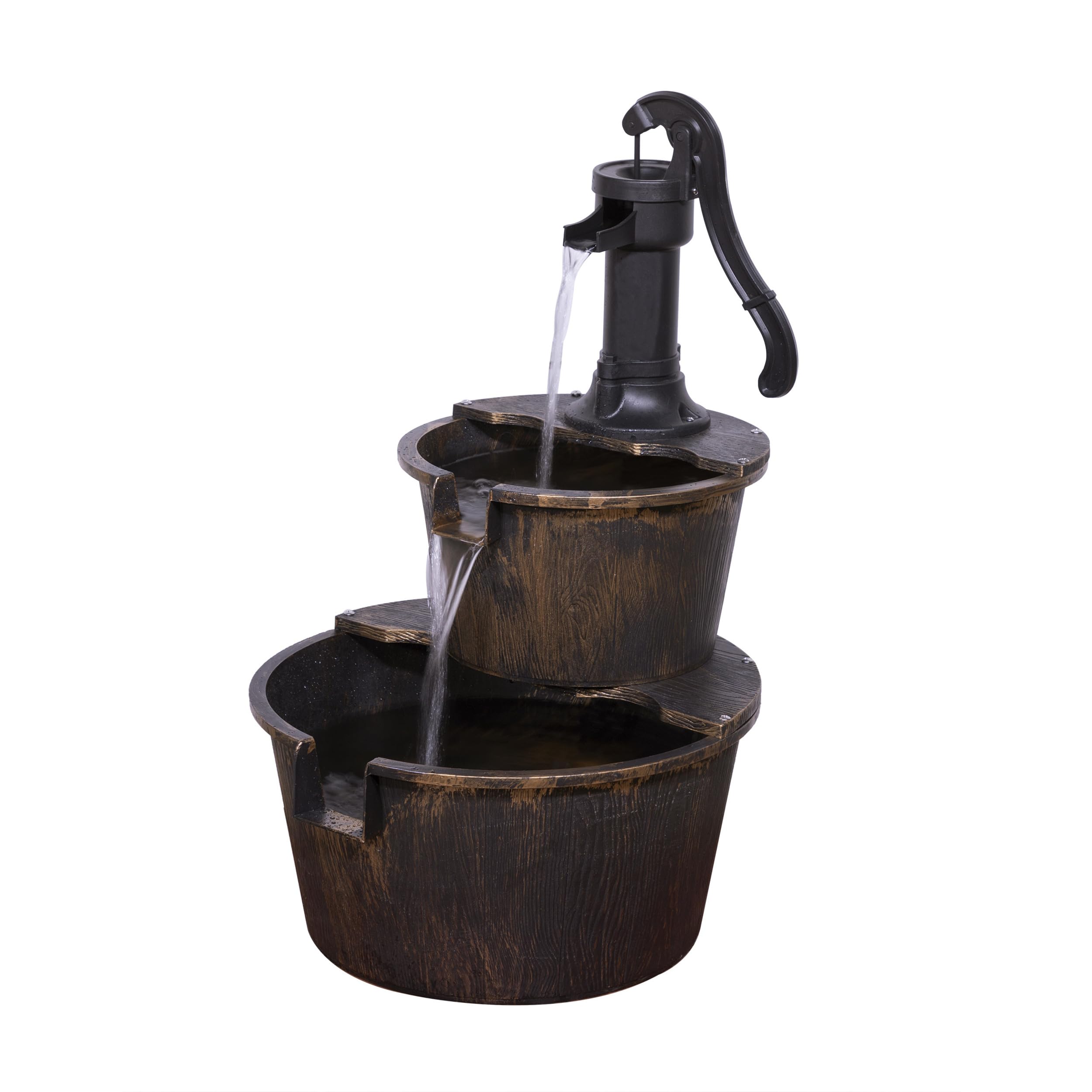 Alpine Corporation 27" Tall Rustic Outdoor 2-Tier Barrel Pump Water Fountain wit