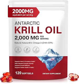 Antarctic Krill Oil 2000mg Softgels with Omega-3s EPA, DHA, Astaxanthin and Phospholipids, Supports Immune System & Heart Health, No Fishy Aftertaste, 120 Softgels