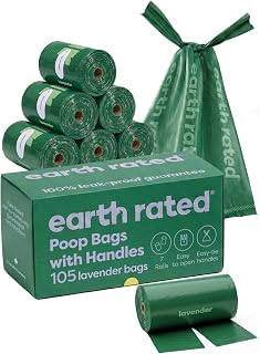 Earth Rated Dog Poop Bags with Tie Handles on Refill Rolls, Extra Wide, Easy-Tie Opening, Guaranteed Leak-Proof, Lavender Scented, 105 Count
