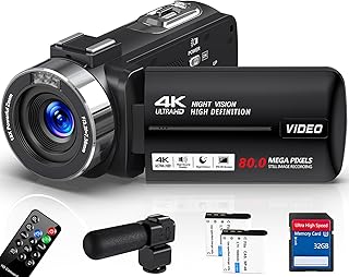 Peryoua 4K Ultra 80MP Camcorder Video Camera Vlogging for YouTube Webcam | 18X Digital Zoom,IR Night Vision,3.0" IPS Screen,Video Recorder with 32GB SD Card,2 Batteries,Microphone and Remote Control