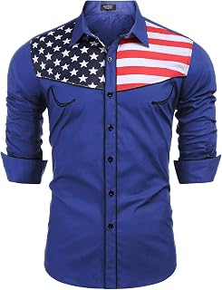 COOFANDY - Camisa de manga larga con botones para hombre, diseño de bandera estadounidense - Azul - XX-Large