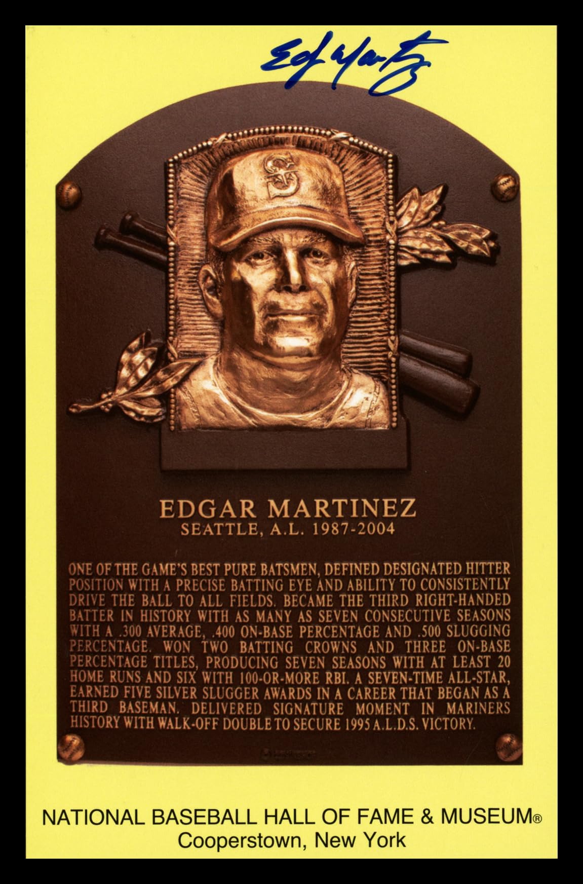 Edgar Martinez Autographed Hall of Fame HOF Plaque Postcard S.e.a.t.t.l.e Marine