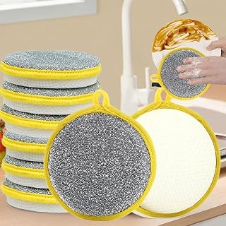 Double Sided Dish Sponge Set of 6 - Round Nylon Scrubber Pads for Cleaning Dishes, Pots, Pans, Sinks and Sinks in Kitchen (Yellow)