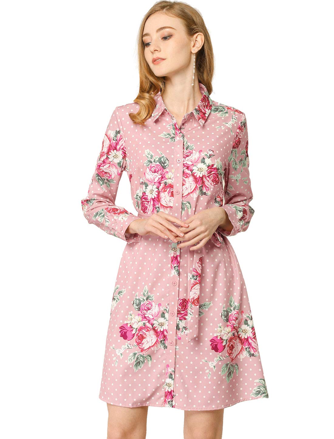 Allegra K Women's A Line Tie Belt Polka Dots Flowers Mini Dress