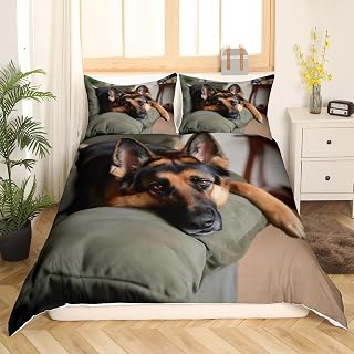 Feelyou German Shepherd Bedding Set 3D Animal Theme Duvet Cover Set Kids Boys Girls 3D Dog Printed Duvet Cover Cute Dog Pet Quilt Cover with 2 Pillow Shams 3pcs Full Size