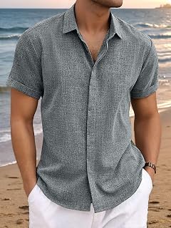 Mens Linen Shirts Short Sleeve Casual Button Down Shirt for Men Summer Beach Wedding Top Lightweight Mens Shirts Casual