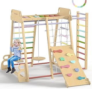 BlueWood Upgraded Indoor Jungle Gym 9-in-1 Playground Kids Climbing Toys | Waldorf Style Wooden Climber Playset with Slide, Swing, Monkey Bars, Upright/Rope Ladder, Climb Net, Rainbow