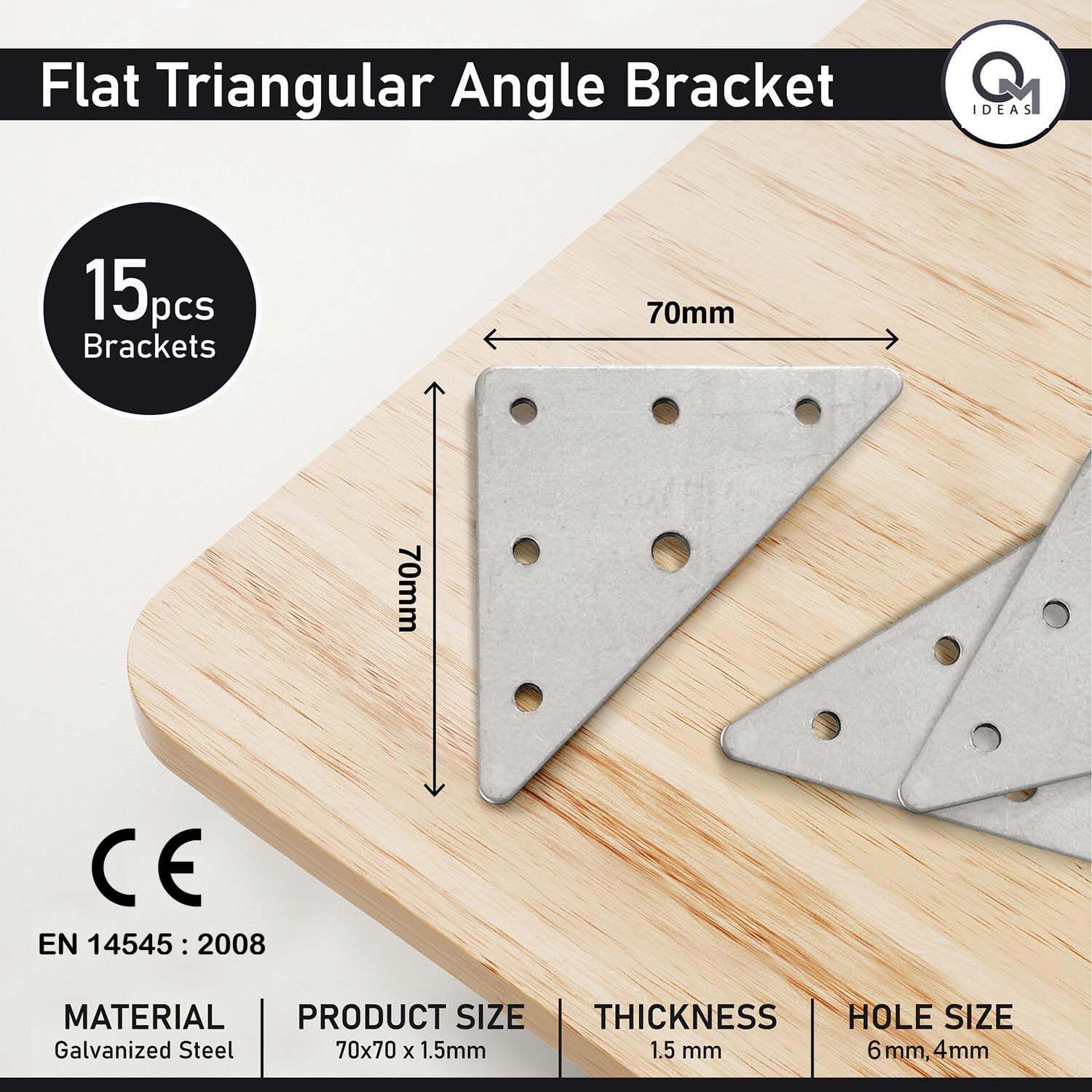 15 x Corner Bracket (70 x 70 x 1.5) Flat Triangular Wood Metal Galvanised Fixing
