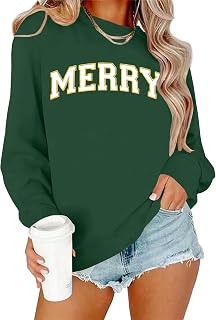 PECHAR 女性用クリスマススウェットシャツ:メリーシャツ クリスマス クルーネック スウェットシャツ Xmas 長袖 プルオーバー トップス