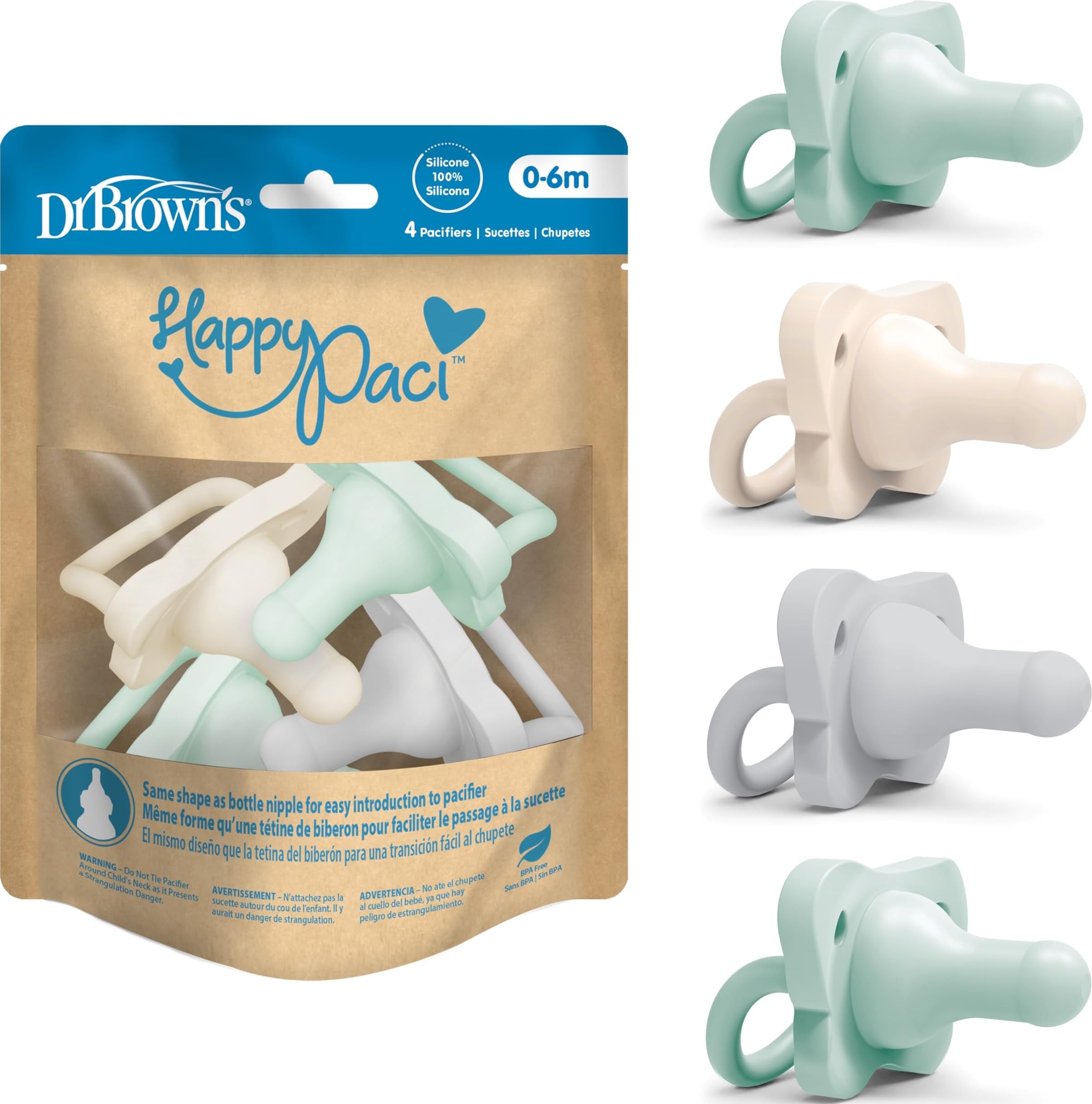 Dr. Brown's HappyPaci Baby Pacifier, Gray, Green, Ecru, 0-6m, 4-Pack | Pack of 4