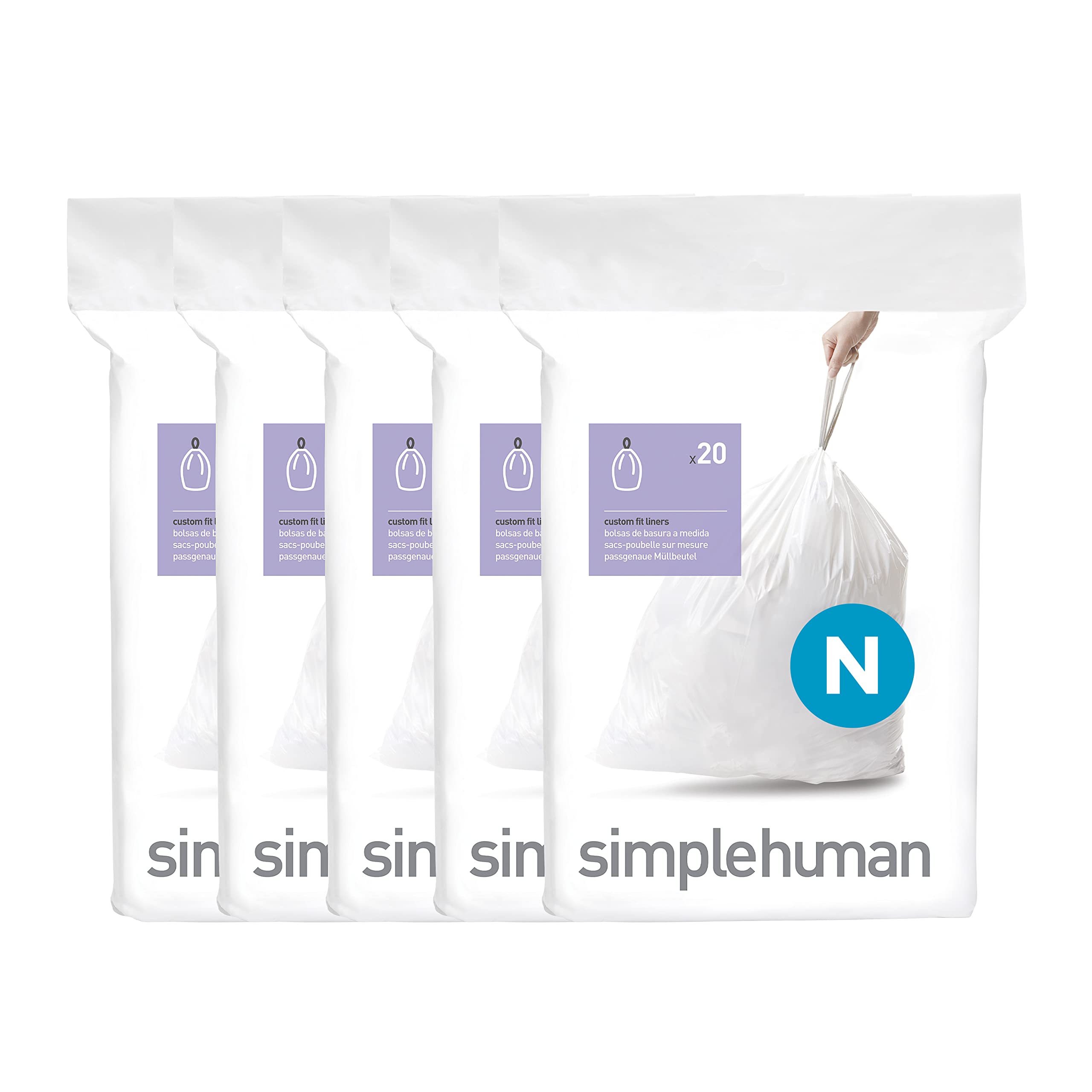 simplehuman Code N 100 Count, Dispenser Pack Custom Fit Liners, Drawstring Trash