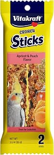 Vitakraft Crunch Sticks Cockatiel Treat Apricot & Peach Flavor - 2 Sticks | Real Dried Fruit, Sweet Honey Coating, Natural Wood Center, Encourages Foraging Chewing, 2 Count Pack