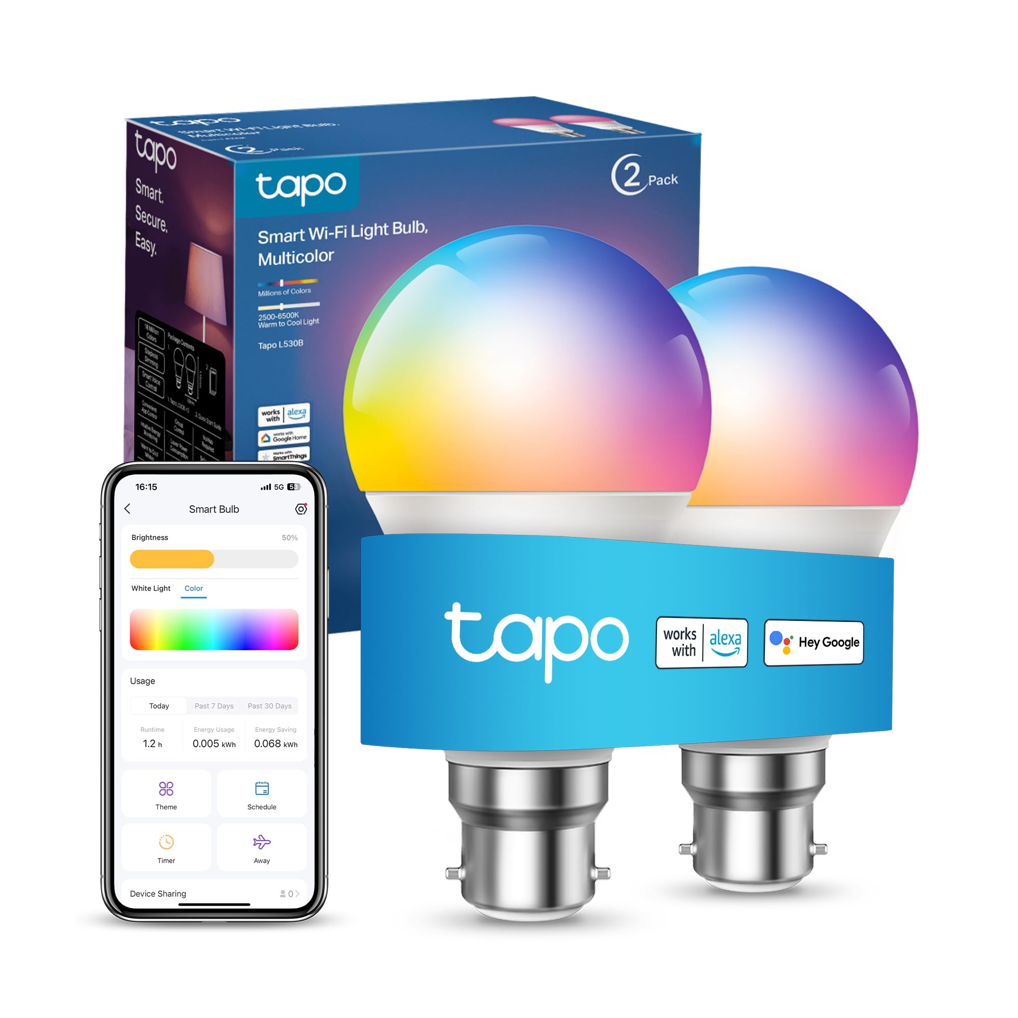 Tapo L530B(2-Pack) B22 Smart Bulb Multicolour Dimmable LED Light Bulb | 806 Lume