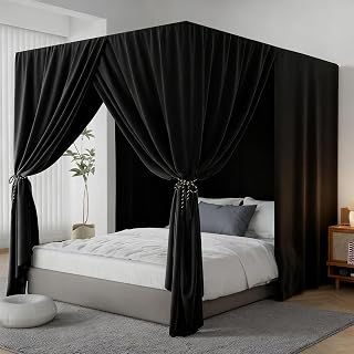 YRDKB Black Canopy Bed Curtain 4 Corner Post Bed Curtains, Queen | One-piece Integrated Canopy Bed Curtains Blackout Bed Canopy Curtain for Adults Girls Bedroom Decoration