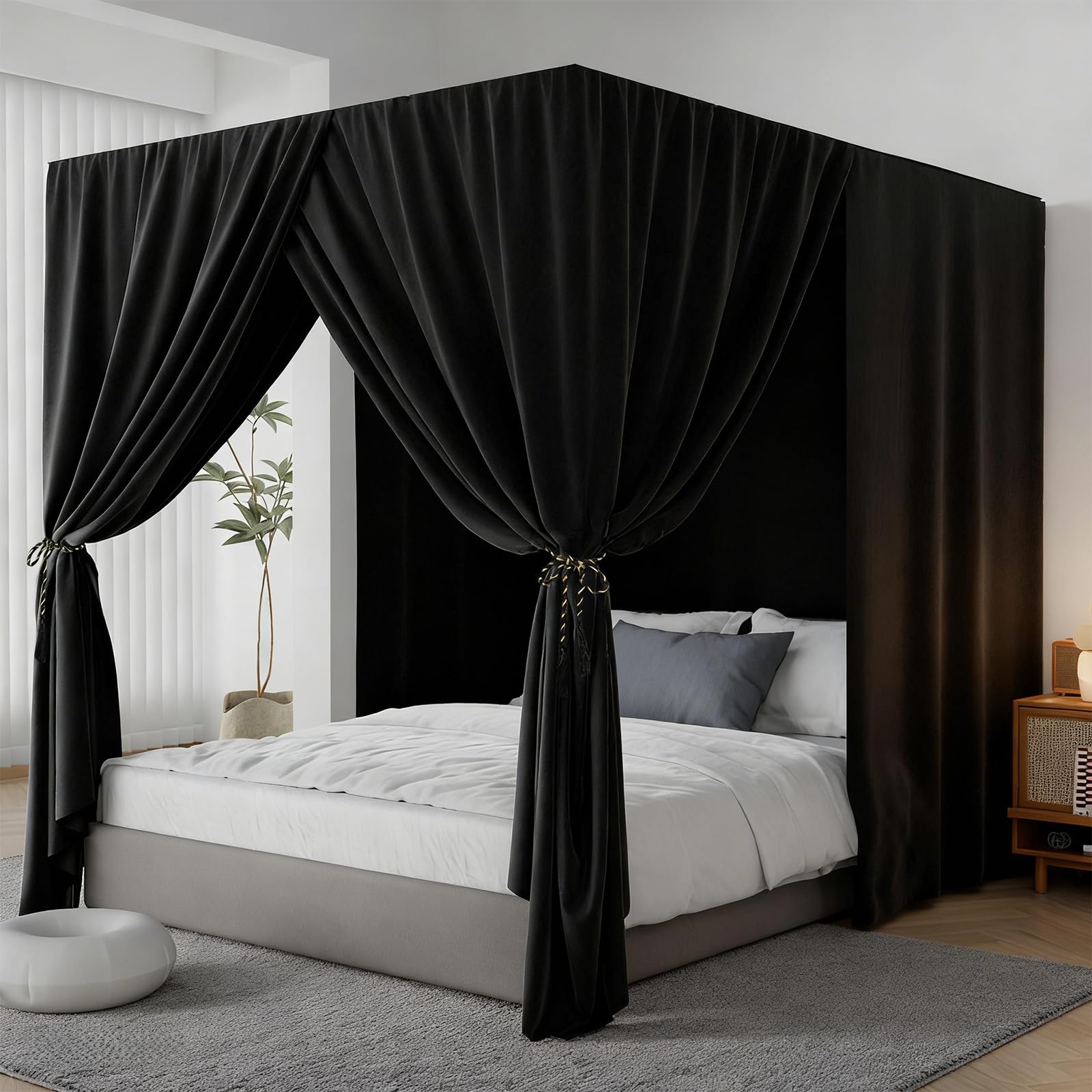 YRDKB Black Canopy Bed Curtain 4 Corner Post Bed Curtains, Queen | One-piece Int