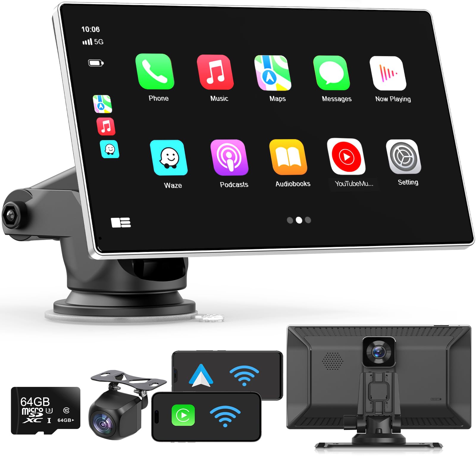 Portable Apple Carplay Screen for Car, 9" Wireless Apple Carplay & Android Auto,