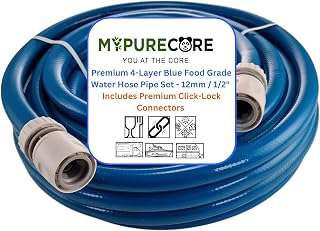 MYPURECORE Blue 12mm 1/2" Cold Water Hose Pipe – Premium Food Grade Drinking Water Hose with Connectors – Flexible PVC Tubing for Caravan, Motorhome, Campervan, Boat & Garden – Non-Toxic & Safe (10m)