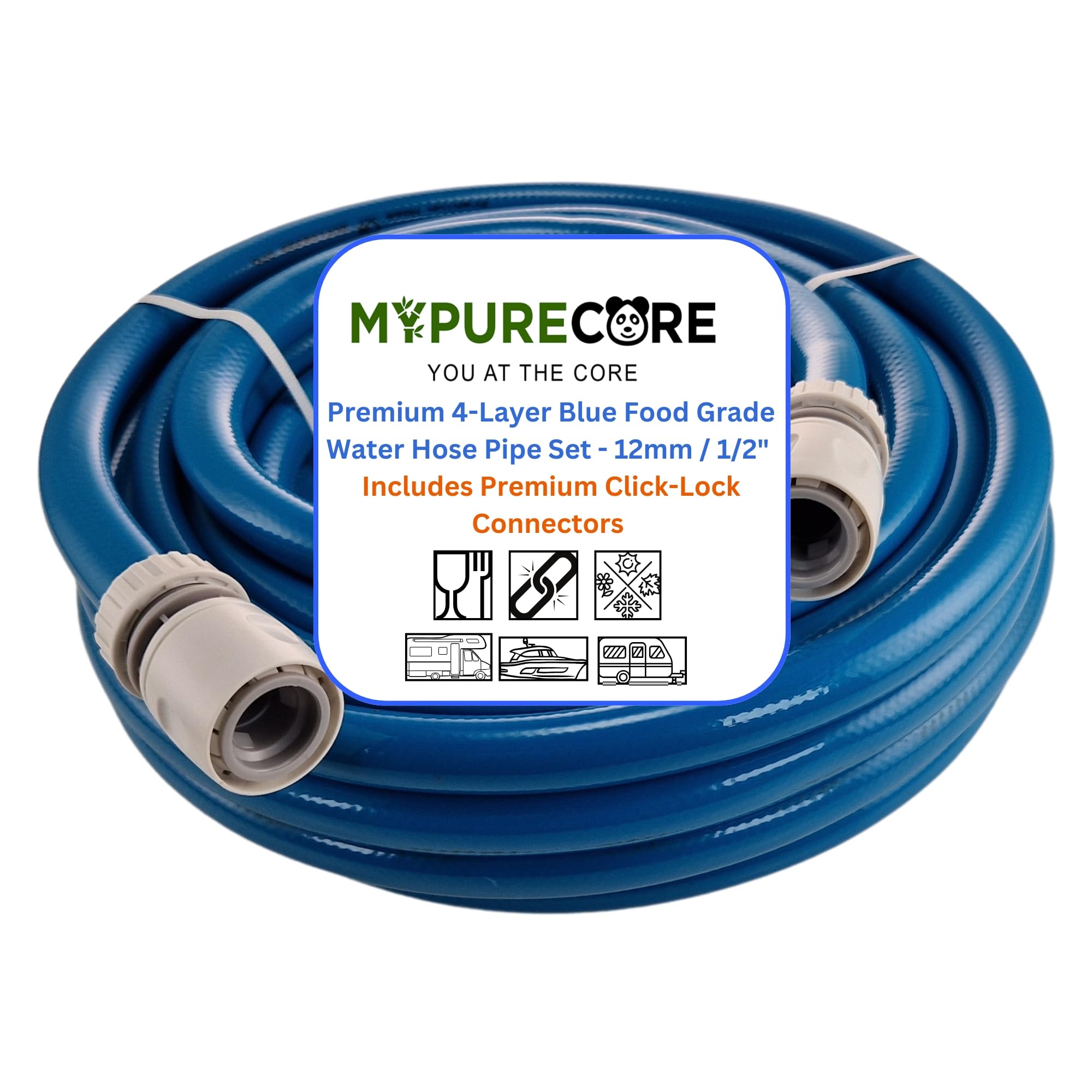 MYPURECORE Blue 12mm 1/2" Cold Water Hose Pipe – Premium Food Grade Drinking Wat