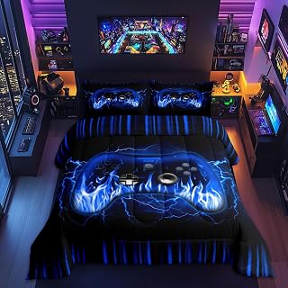 Feelyou Boys Bedding Set Full Size,Blue Black Gaming Controller Comforter Set for Teen Boys Room Decor,Gaming Comforter