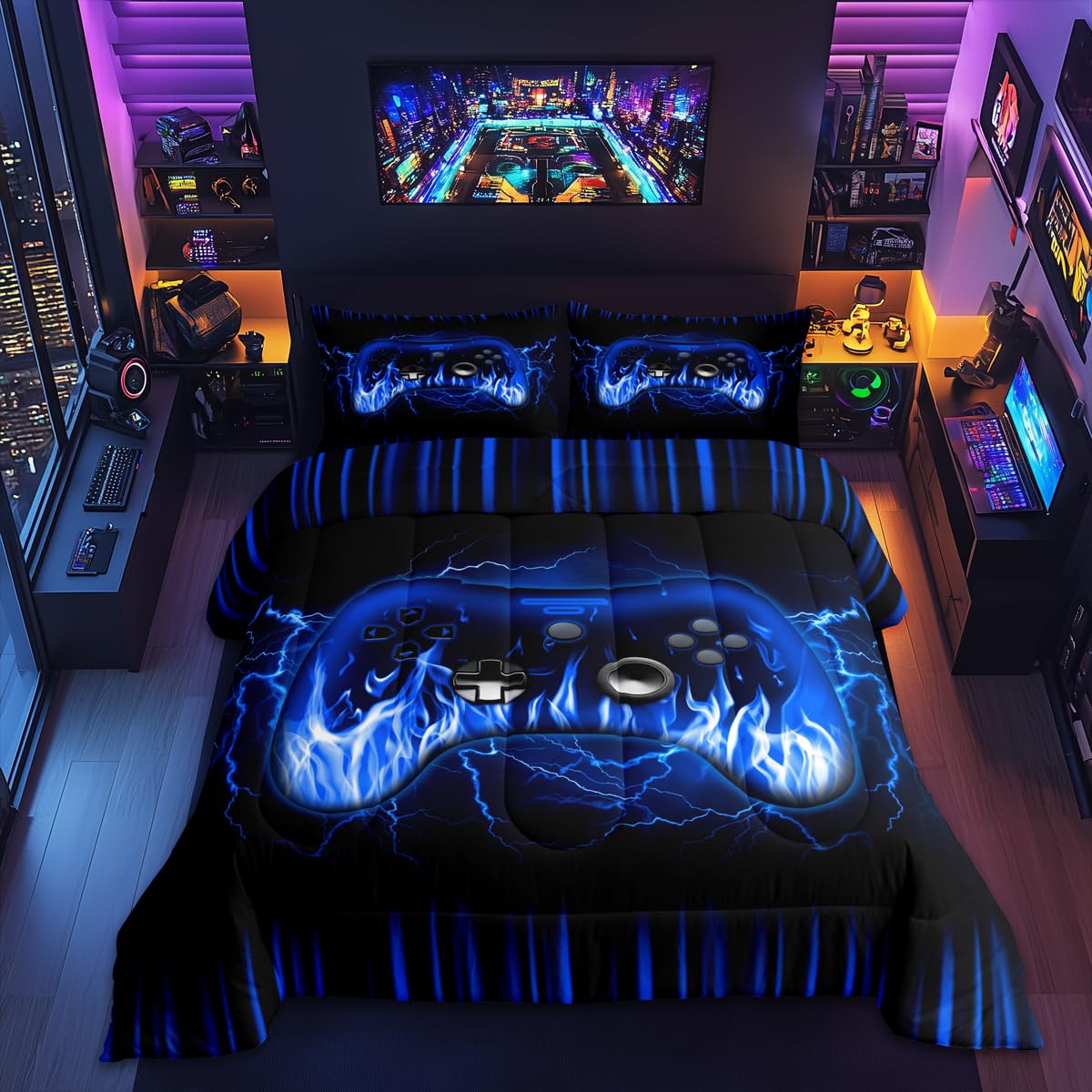 Feelyou Boys Bedding Set Full Size,Blue Black Gaming Controller Comforter Set fo