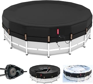 QH.HOME 18ft Winter Pool Cover,Windproof Patented Ratchet&Heavy Duty Fabric | Snug Fit Weight Rings&Drawstring Design,Tear Resistant,Blocks Leaves &Waterproof,Outdoor Above Ground Pools Protection