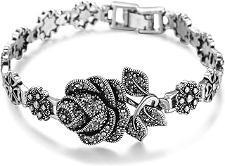 Mytys Bracelets for Women, Vintage Black Onyx Chain Link Rose Flower Design Marcasite Bangle Silver Bracelets Jewelry Gift