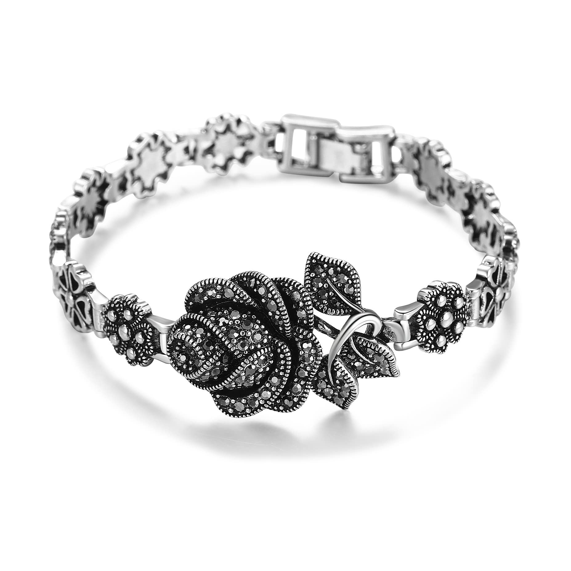 Mytys Bracelets for Women, Vintage Black Onyx Chain Link Rose Flower Design Marc