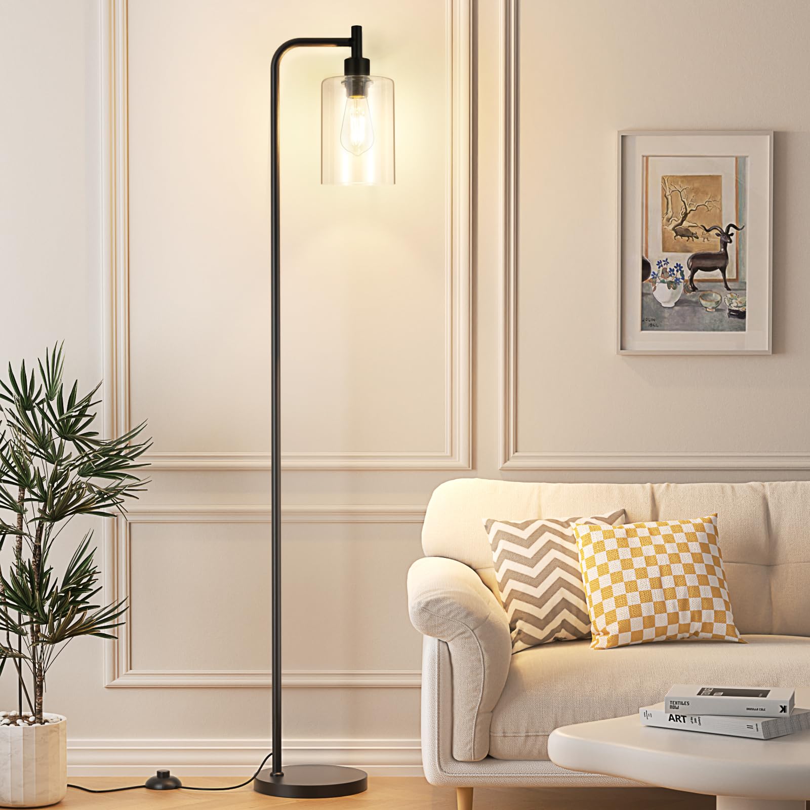 Ziisee Industrial Floor Lamp with Glass Shade - Black, LED Bulbs, Foot Pedal Swi