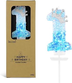Blue Birthday Number 1 Candle, 2.76 Inch Princess Crown Birthday Candle, Blue and White Cake Topper Cupcake Decorations, Birthday Party Supplies for Girls