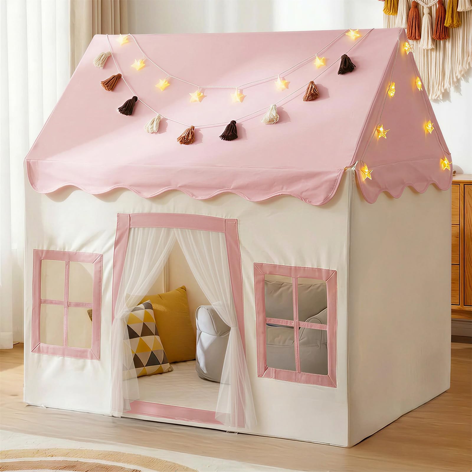 Little Dove Kids Play Tent with Mat, Kids Playhouse with 2 Windows, Star Lights 