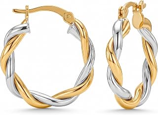 LeCalla 925 Sterling Silver Textured Two-Tone 14K Gold Plated Light-Weight Italian Design Hoop Earrings for Women Diameter 25,30,40,45,50mm