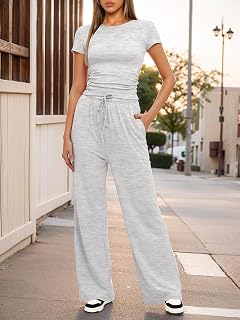 Womens 2 Piece Lounge Set Short Sleeve Top Wide Leg Pants High Waisted Outfit Two Piece Clothing