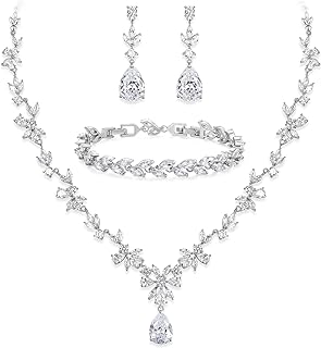 BriLove Gorgeous Wedding Jewelry Set for Women Bridal Cubic Zirconia Marquise Teardrop Leaf Cluster Y-Necklace Dangle Earrings Link Bracelet