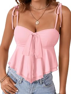 Rooscier Women Strappy Top Knotted Front Sleeveless V Neck Vintage Peplum Sexy Cami Top
