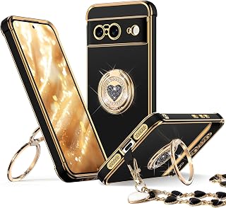 XYZ for Pixel 8 Case with Stand, Phone Case with Double Ring Kickstand, Women Girls Cute Love-Heart Luxury Bling Protective Cover for Google 8, Black