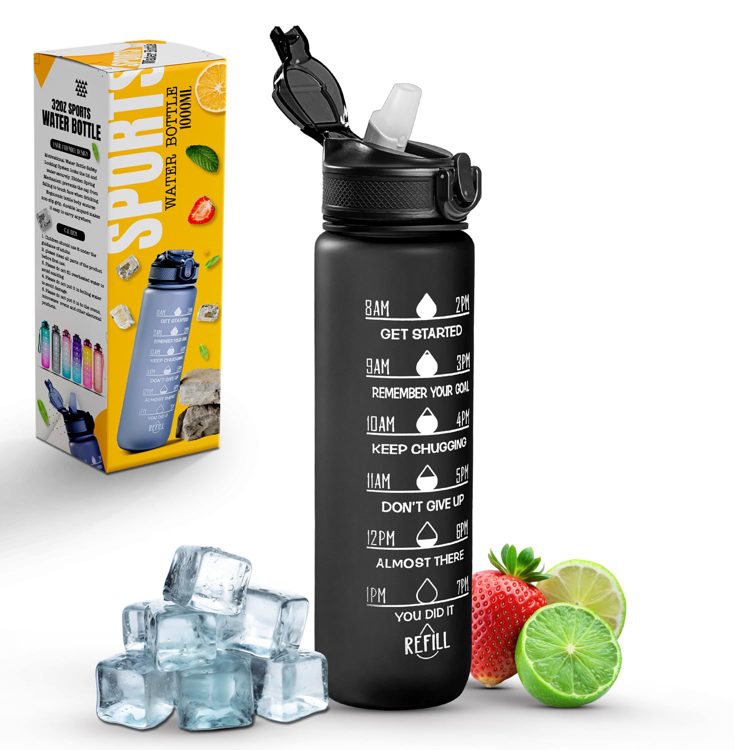 Roe Tenpo Sports Water Bottle with Straw and Time Marking, and 32OZ Capacity - M