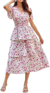 GRACE KARIN Women's Midi Dress Flared A-Line V-Neck Short Sleeves Elastic Waist
