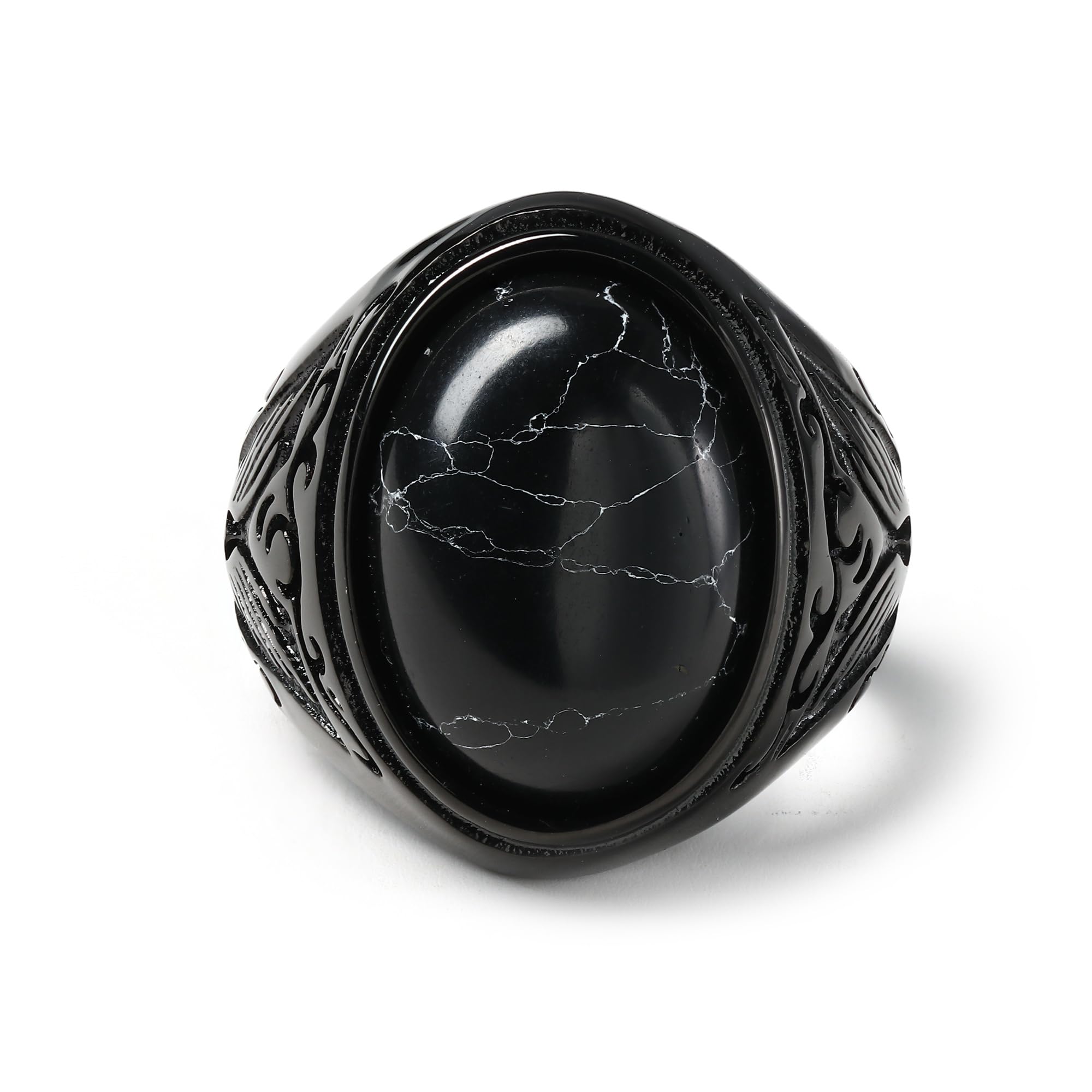 Stainless Steel Simulated Black Stone Rings, Floral Wing Relief Vintage Statemen