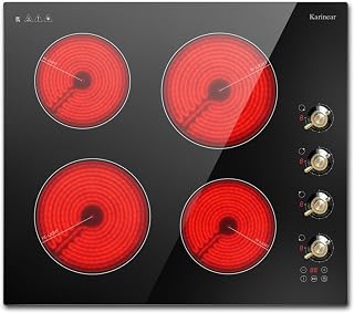 Karinear Electric Cooktop 24 Inch, 4 Burners Electric Stove Top, Drop-in | Built-in Electric Radiant Cooktop Knob & Sensor Touch Control, Safety Lock, Timer, Pause, 6000W 220~240V Hard Wired(No Plug)