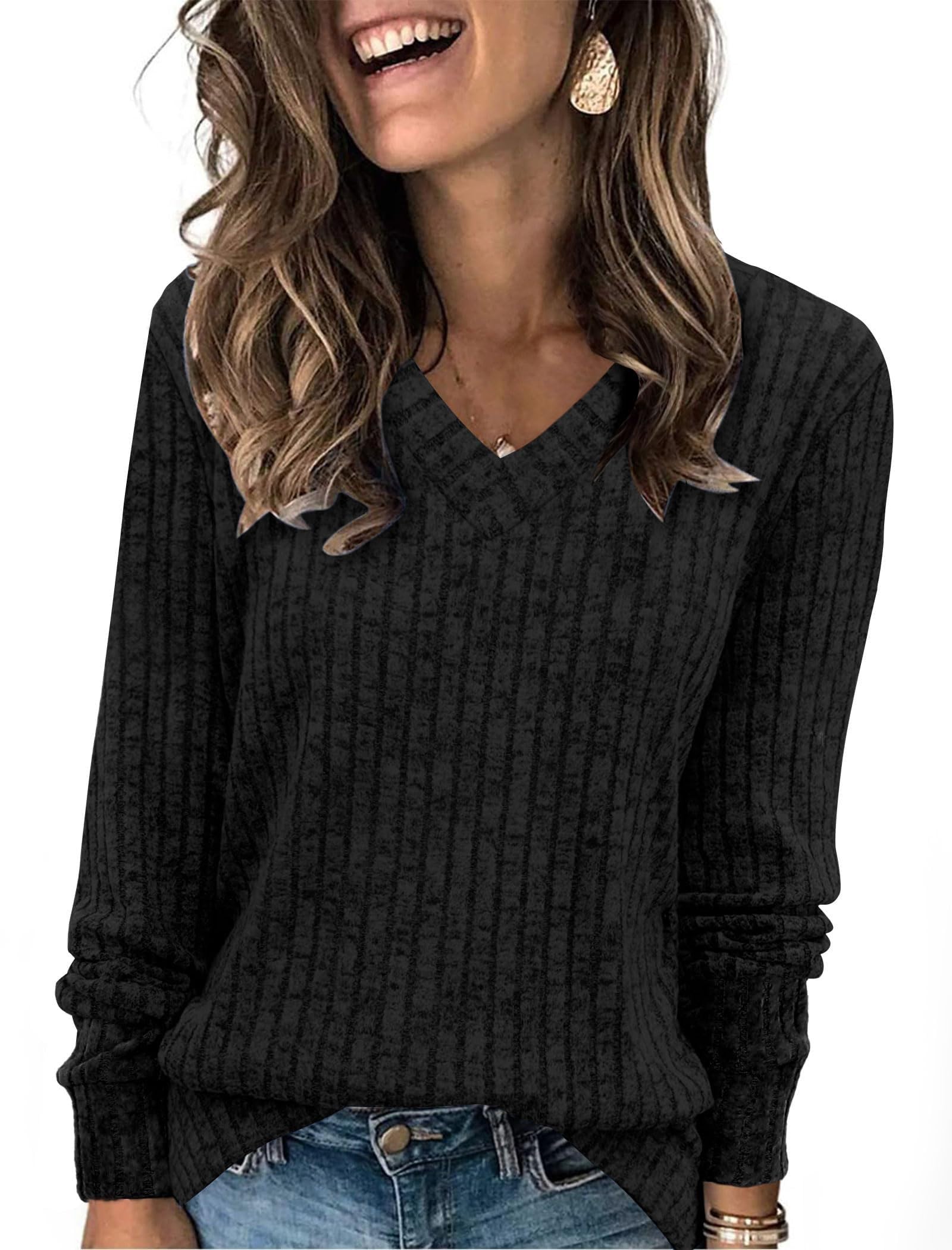 Long Sleeve Shirts V Neck Women Casual Autumn Tunic Sweaters Lightweight Fashion