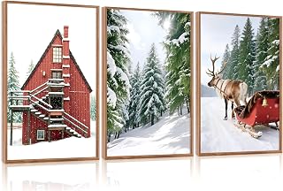 CHDITB Stampa artistica da parete su tela con cornice natalizia (40,6 x 61 cm), 3 pannelli, motivo: casale invernale con foresta innevata, grandi stampe rustiche con renne, slitta con slitta e cottage