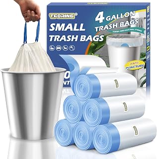 T.FORING Small Trash Bags 4 Gallon Drawstring,1.1 Mil,Unscented,120 Count | Tear-Free,Leakproof,Strong Garbage Can Liners,White,Fit 12 - 15 Liter Waste Bins,for Home Bathroom Office Car Everyday Use