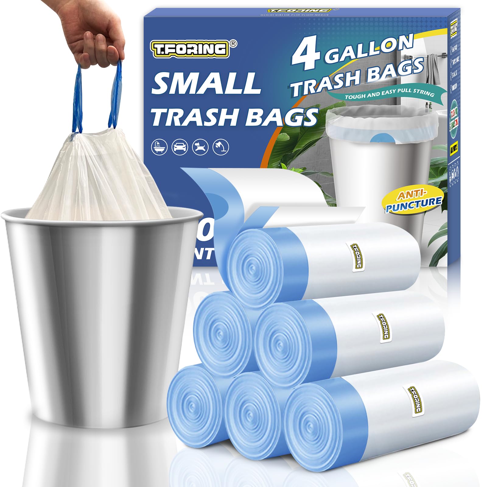 T.FORING Small Trash Bags 4 Gallon Drawstring,1.1 Mil,Unscented,120 Count | Tear