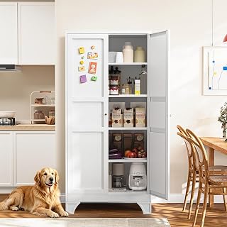 White Metal Pantry Storage Cabinet Tall Storage Cabinet Kitchen Pantry 75" | Freestanding Cupboard for Kitchen Kitchen Pantry Storage Cabinet White Pantry Cabinet with Doors & 4 Adjustable Shelves