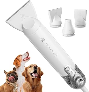 Jellyfish Dog Dryer for Pet Grooming, Pet Drying, High Speed Pet Blower, Small, Compact, 1.1 lbs (0.5 kg), Lightweight, Portable Dryer for Cats and Dogs, Quick Drying, Temperature and Air Flow Adjustable, Includes 3 Types of Nozzles for Home and Travel (PSE Certified)