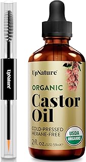 UpNature Castor Oil Eyelash &amp; Eyebrow Growth Serum, USDA Organic, 2oz | Includes mascara wand &amp; brow brush applicators - pure cold-pressed castor oil for lashes, eyebrows &amp; hair growth